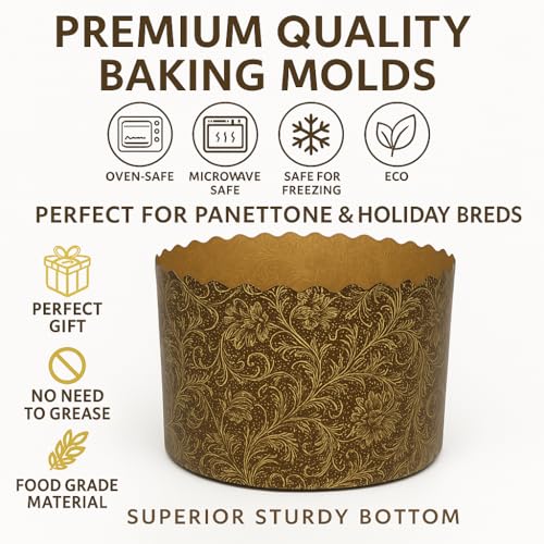 Image of 12 oz Kulich & Panettone Baking Molds - 12 Pack | Non-Stick Easter Bread Paper Forms | W 4.3 inch x H 3.4 inch | Oven & Microwave Safe | Brown Elegant Design + Bonus Family Recipe