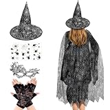 Halloween Witches Costumes for Women, 51In Ladies Spider Web Cape Witch Hat Black Lace Gloves Spider Tattoos Sticker Lace Mask Masquerade Costume for Halloween Fancy Dress Up Outfits (Black)