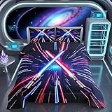 Lightsaber Comforter Set Queen Size,Geometric Lines Gradient Bedding Set 3pcs for Kids Teens Boys Girls Room Decor, Future Technology Metaverse Quilt Set Red Blue Duvet Insert with 2 Pillowcases