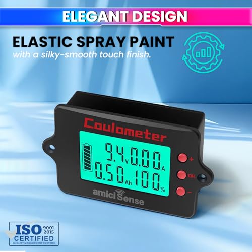 Image of amiciSense Coulomb Counter Meter 8-120V 50A - True Battery Capacity Meter with Bi-Directional Detection, Voltage /Current /Ah Display, Splash-Proof Panel - Compatible with Lithium, Lead-Acid & More