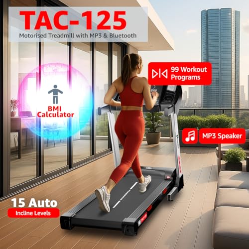 Image of PowerMax Fitness TAC-125 5HP Motorised Auto Incline Treadmill for Home Use, Max User 130kg, Max Speed-18kmph, BMI Calculator, Running Deck 1300x460mm, LED Display, Aux, Bluetooth for Music