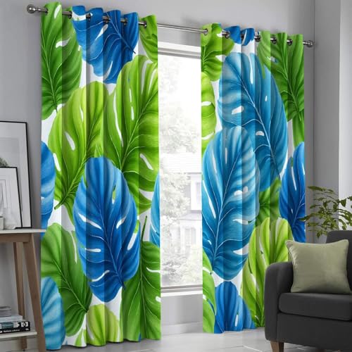 TMMDH Plantas Tropicales Cortinas Opacas Estampado Azul Y Verde Cortinas Termicas aislantes Frio y Calor Tres Pisos Tela Suave Tres Pisos Tejido 2 Piezas 140x220 cm para Salon