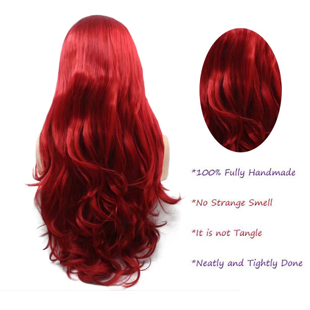 Red Lace Front Wig Long Wavy Natural Looking Cherry Red Free Part Wig Synthetic Heat Resistant Fiber Cosplay Party Makeup Wigs for Women 24 Inch