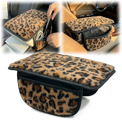 Plush Leopard Print Car Center Console Cover with Side Pockets, Fluffy Armrest Cushion Pad,Soft Cheetah Car Interior Decorations Accessories with Storage for Women,Universal Fit for Vehicles SUV Truck