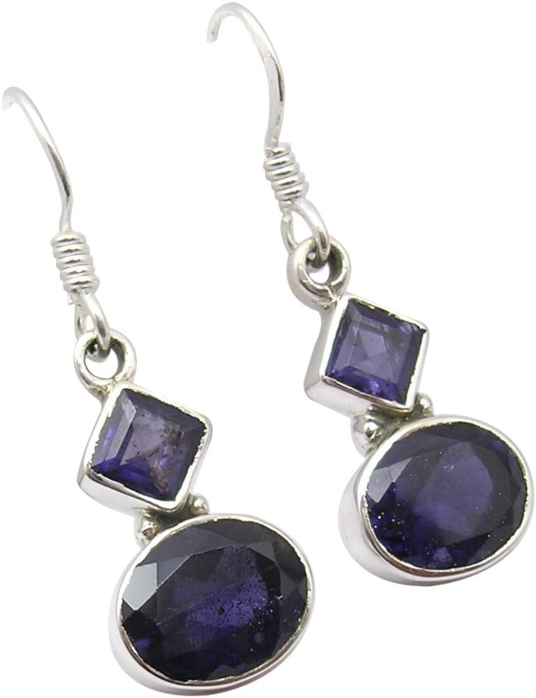 925 Sterling Silver Natural Cut Iolite Earrings 1.3" Art Gift