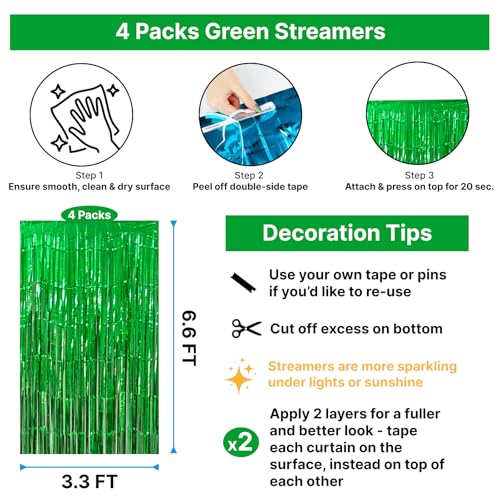 Image of 4 Pack Green Foil Fringe Curtains, 13.2x6.6ft Jungle Theme Streamers Backdrop for Birthday, St Patrick's Day, Christmas, Dinosaur, Animal, Football Themed Party| Green Streamers Party Decorations