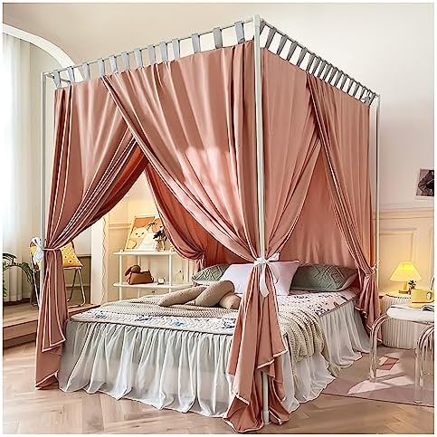 Elegant Bed Frame Curtain Canopy Cozy Drape Bed Netting Canopy Frame with Curtain 4 Corners Post Canopy Bed Curtain for Adults,Red,King