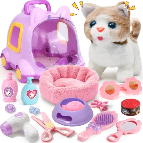 vamei Katze Spielzeug Kinder Interaktives Plüsch Katze Laufende Miauen mit Katzenkäfig Bett & Pflege Zubehör Set Elektronisches Haustier Kuscheltier Kätzchen Geschenk für Mädchen 3 4 5 6 7 8 Jahre