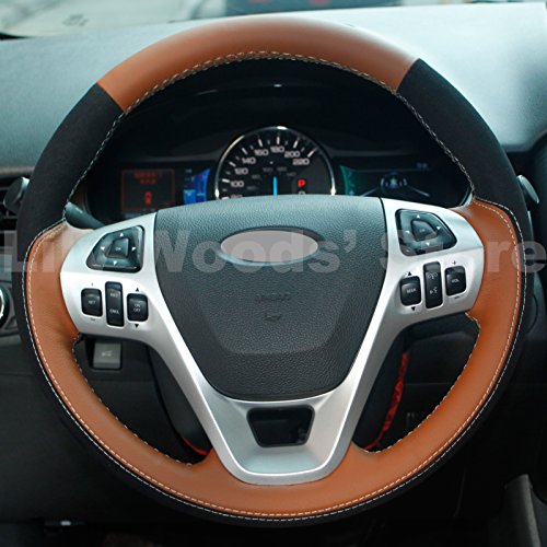 Loncky Black Genuine Leather Suede Custom Stitched Car Steering Wheel Cover for Ford Taurus 2013 2014 2015 2016 / Ford Explorer 2011 2012 2013 2014 2015 / Ford Edge 2011 2012 2013 2014 Accessories