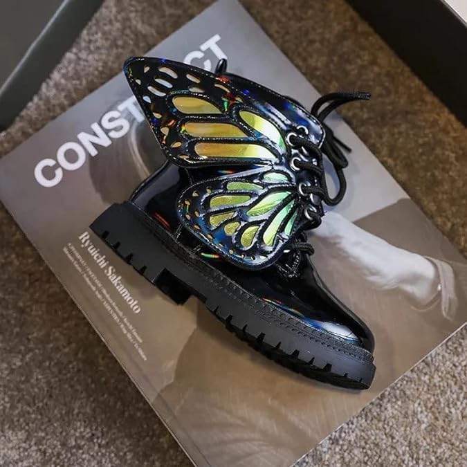 Girls Butterfly Leather Boots | Winter, Non-slip, Casual Booties | Detachable Wings, Colorful, Chic Black Boots3