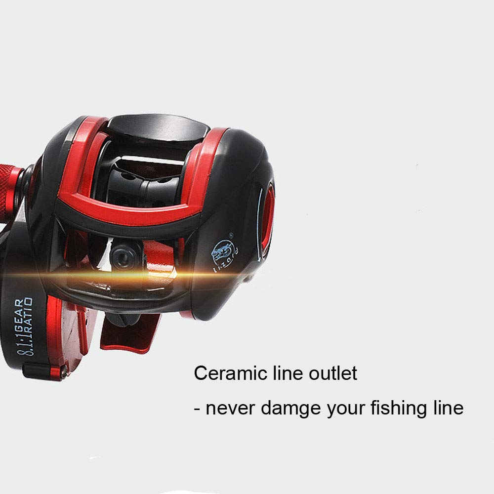 NUZAMAS Carretes de Pesca Baitcaster Reel 8.1: 1 de Alta Velocidad con Sistema de Freno Ajustable Rodamientos de Bolas Carrete de Pesca de baitcasting de mar para Zurdos, Negro, rojo