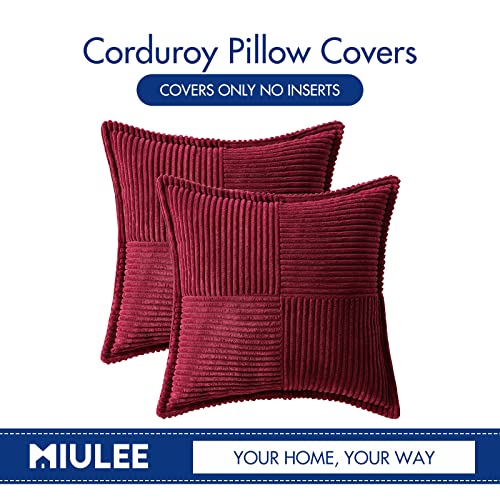 Image of MIULEE Decorative Throw Pillow Covers for Couch Bed Livingroom 18x18 Inch Set of 2 Burgundy Boho Accent Throw Pllows Broadside Striped Patchwork Soft Corduroy Pillowcases