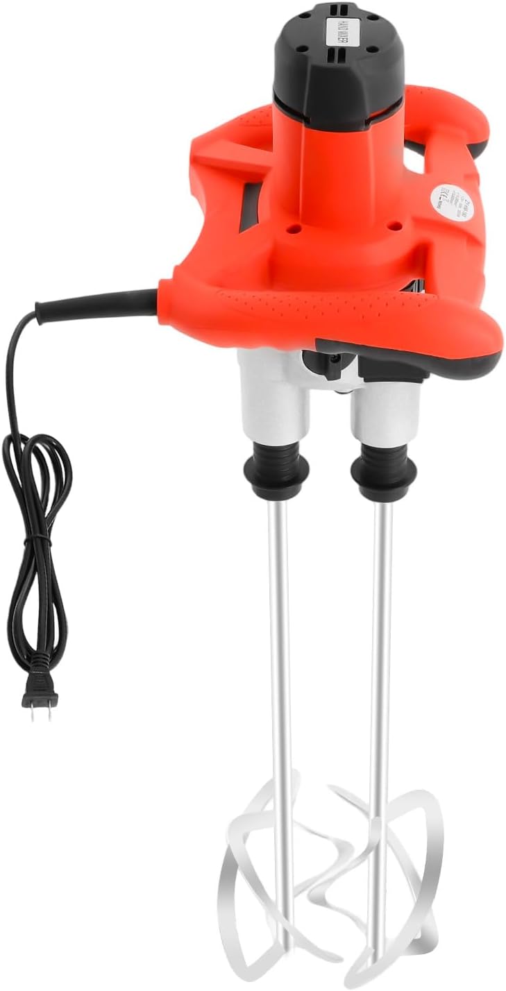 Double Paddle Concrete Mixer with 2 Carbon Brushes,6 Speeds Adjustable Paint and Mortar Stirrer,﻿2800W Eletric Hand-held Mud Cement Mixer for Bitumen Grout, Plaster, Thinset (Red)