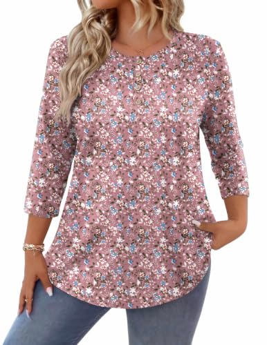 IN'VOLAND Plus Size Womens Floral Tunic Tops 3/4 Sleeve Loose Fit Blouses