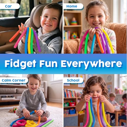 Image of BUNMO Sensory Toys - Stretchy Noodle Strings - Stimulating & Addictive Fidget Toys for Kids - Hours of Fun for Kids - Worry Noodles - Smooth 6 Pack