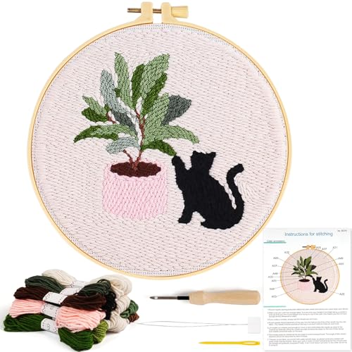 Image of KESTAR Punch Needle Embroidery Starter Kits, Black Cat Flower Punch Needle Kits for Adults Beginner, Needle Punch Kit Tool with Instruction Threader Fabric Yarns and Hoop