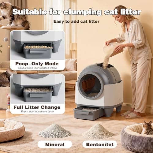 Greesum UltraSmart AutoClean Litter Box - 90L Large Capacity for Multi-Cat Households with Safeguard Tech, APP Control, Odor-Free Design & Mat/1 Roll Litter Bag - Image 6