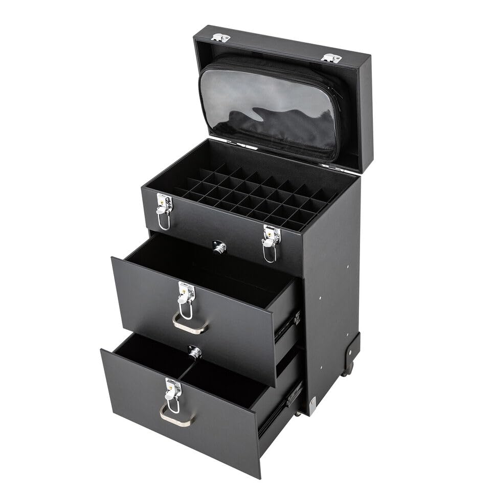 Professional 3 in 1 Rolling Makeup Case Cosmetology Case on Wheels 2 Large Drawer Nail Case Trolley Traveling Cosmetic Train Case with Makeup Pouch for Artists Nail Technician Salon Cart Trunk Black