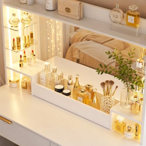 Image of HUAHUU Vanity Desk with Large Mirror, 35.4 inch Makeup Vanity with LED Lights | White Vanity Table with HD Mirror, 3 Color Lights, Makeup Desk with 4 Drawers & 4 Shelves & 3 Makeup Trays, Power Outlet