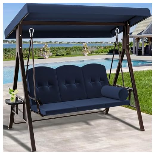 YITAHOME 3-Seat Deluxe Porch Swing Outdoor Heavy Duty Patio Swing Chair with Adjustable Canopy Removable Cushions Weather Resistant Steel Frame Suitable for Garden, Lawn, Backyard, Balcony, Navy Blue