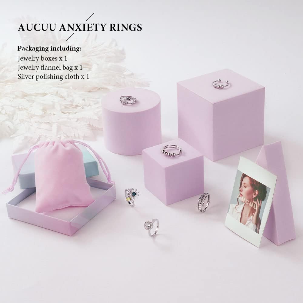 6PCS Anti Anxiety Fidget Ring for Women, Open Adjustable Ring, CZ Cubic Zirconia Diamond Rings, Rotatable Bead Rings, Bee Daisy Rings Set for Women Stress Relief - Image 4