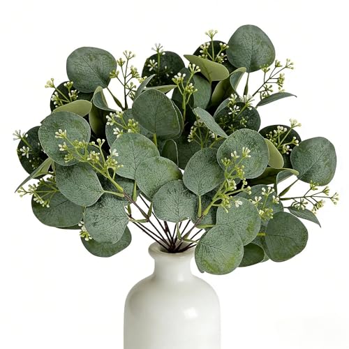 JIUCHAOTONG 12 Pcs Artificial Eucalyptus Seeded Stem Faux Eucalyptus Stems Artificial Greenery Foliage Fake Green Foliage Greenery for Home Office Weddings Gardens