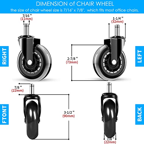 Office Chair Wheels - Replacement Rubber Wheels - Universal Fit 3 Inch Chair Casters, Heavy-Duty Chair Wheels, Noise Free, Fits 98% Chair, For All Floor (5) #TOP5