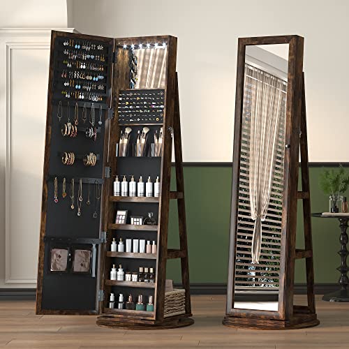 LVSOMT-360-Swivel-Jewelry-Cabinet-with-Full-Length-Mirror-Lockable-Jewelry-Organizer-Tall-Large-Freestanding-Mirror-Jewelry-Armoire-Mirror-with-Jewelry-Storage-Rear-Storage-ShelvesRetro-Brown