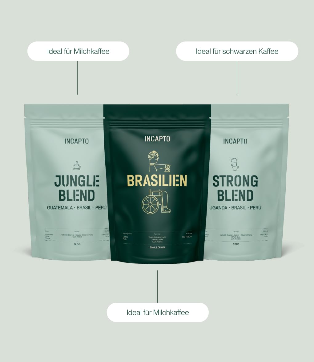Incapto Einsteigerpaket für Spezialitäten-Kaffeebohnen | Jungle Blend, Brasilianischer Kaffee und Strong Blend | Hohe Röstung und Intensives Aroma | 3 Pakete à 500g