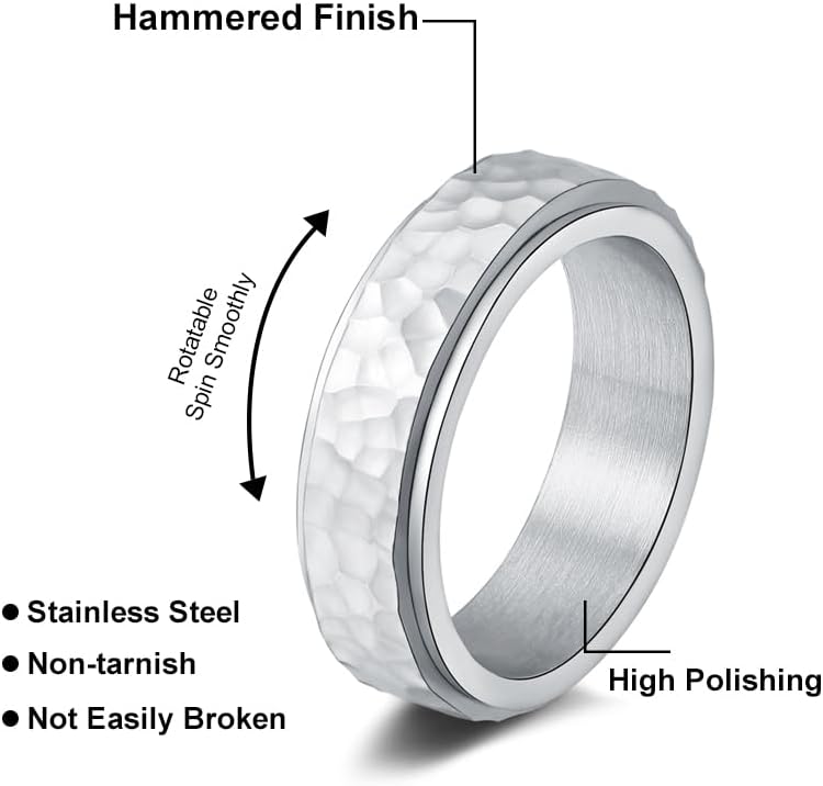 Miniatura 5 de Anillos para ansiedad para mujeres y niñas, acero inoxidable, plateado, dorado, negro, alivio de la ansiedad, anillo giratorio con acabado martillado