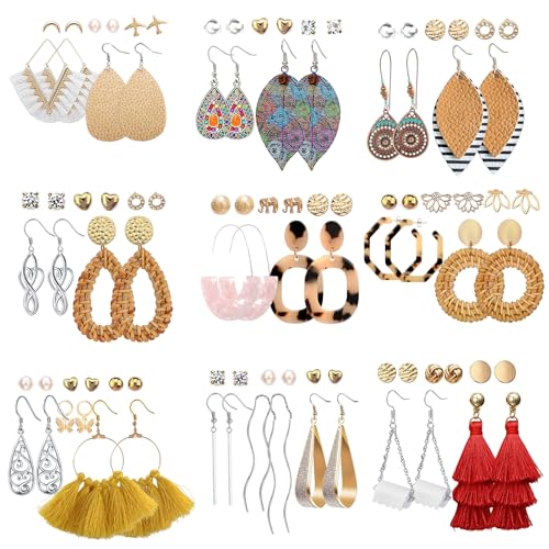 FIFATA 47 Pairs Trendy Boho Teardrop Geometric Earrings Acrylic Rattan Earrings Statement Dangle Drop Earrings Christmas Earrings for Women