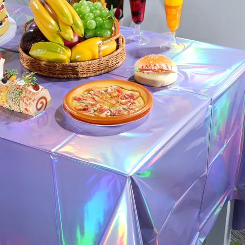 Image of 3 Pack Iridescent Light Purple Tablecloth for Parties, Pastel Purple Holographic Plastic Table Cover, Disposable Laser Purple Table Cloth for Birthday Wedding Baby Shower Party Decorations, 54x108Inch