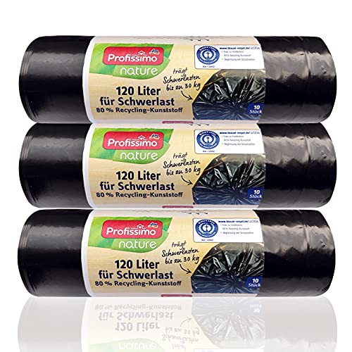 'Recycled Heavy-Duty Waste Bags with Ties (Extremely Rip-Proof & Fssigkeitsdicht 120 Litres  (3 Packs of 10)  For Hauhalt, Office and Garden, Blue Angel Certification