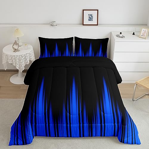 Image of Feelyou Blue Ombre Comforter Queen Size, Blue and Black Ombre Striped Comforter Set for Kids Boys Girls Abstract Duvet Set Room Decor Microfiber Bed Set