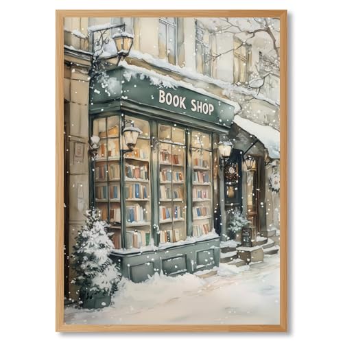 HUYKON Vintage Bookshop Winter Wall Art Print Snowy Book Store