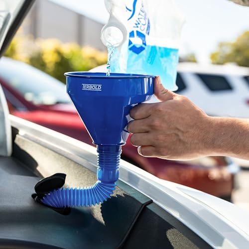 Image of Automotive Flex Funnel with Hose & Mesh Filter (2-Pack) - Wide Mouth Oil Funnel for Gas & Transmission Fluid - Color Coded Flexible Set for Garage & Emergency Kit (Black & Blue)