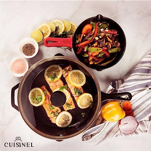 Image of Cuisinel Cast Iron Skillet Set - 8 inch + 12 inch-Inch Frying Pan + Glass Lids - Pre-Seasoned Cookware - Heat-Resistant Holders - Indoor /Outdoor Use - Camping, Grill, Stove, BBQ, Firepit, Induction, Oven Safe