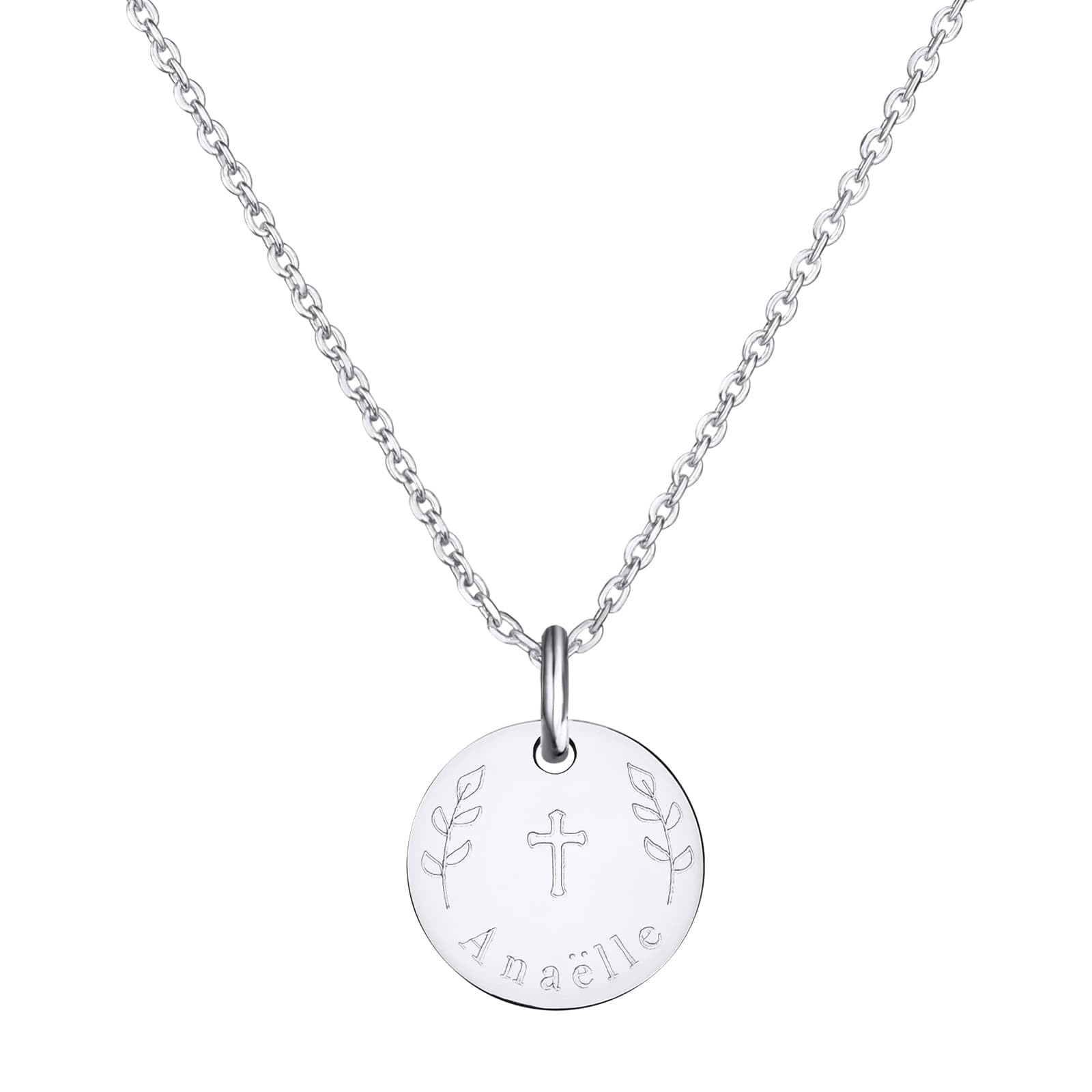 Collier personnalisé baptême, dessin "Croix & Rameaux", argent - Idée cadeau pour Noël - Anniversaires - Baptême - Communion