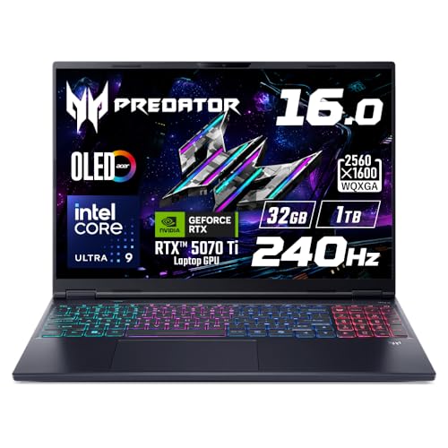 Acer Core Ultra 9 275HX RTX 5070 Ti OLED 32GBメモリー 1TB SSD 16インチ WQXGA 240Hz 光沢 第5世代 AeroBlade 3Dファン DCI-P3 100% WiFi 6E Windows