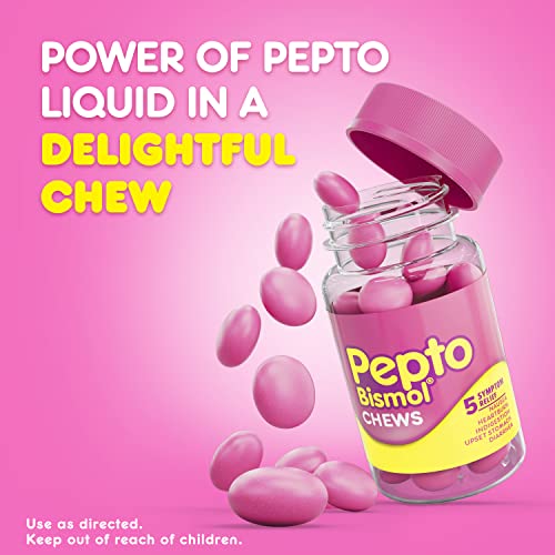 Image of Pepto Bismol Chews, Upset Stomach, Nausea, Heartburn, Indigestion Relief, Anti Diarrhea Medication for Adults - 5 Symptom Fast Relief, 72 Chewable Tablets 24 Count (Pack of 12)