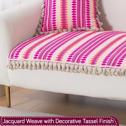 Image of HOKIPO 'Artisan Boho Series' Sofa Cover Mat with Tassel for 3 Seater Sofa | 450 GSM Thick Cotton Acrylic Jacquard Fabric, Fuchsia Pink (IN-904-A5*S)