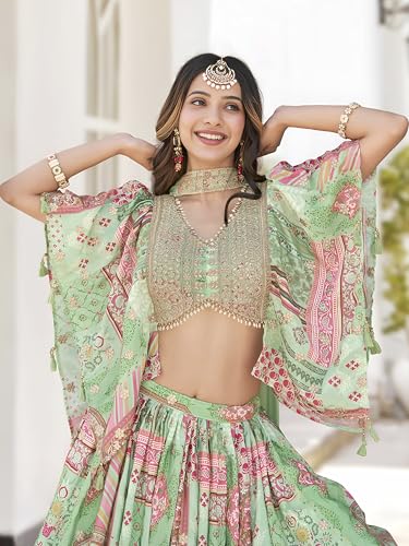 Image of Women's Digital Print With Zari Dori Embroidery Work Chinnon Silk Lehenga Choli With Dupatta (Women-Lehenga-Choli-New; Free size)