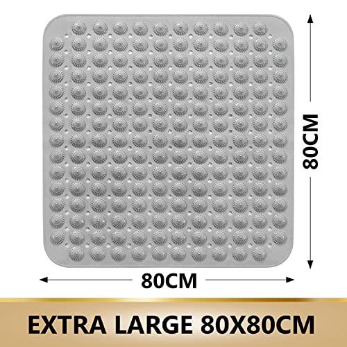 Image of TurtleGrip Anti-Skid Shower Mat, 80x80 cm Accu-Pebble (Grey), Non-Slip Shower Mat for Bathroom with Suction Cups and Drain Holes Anti-Skid mat for Bathroom Floor