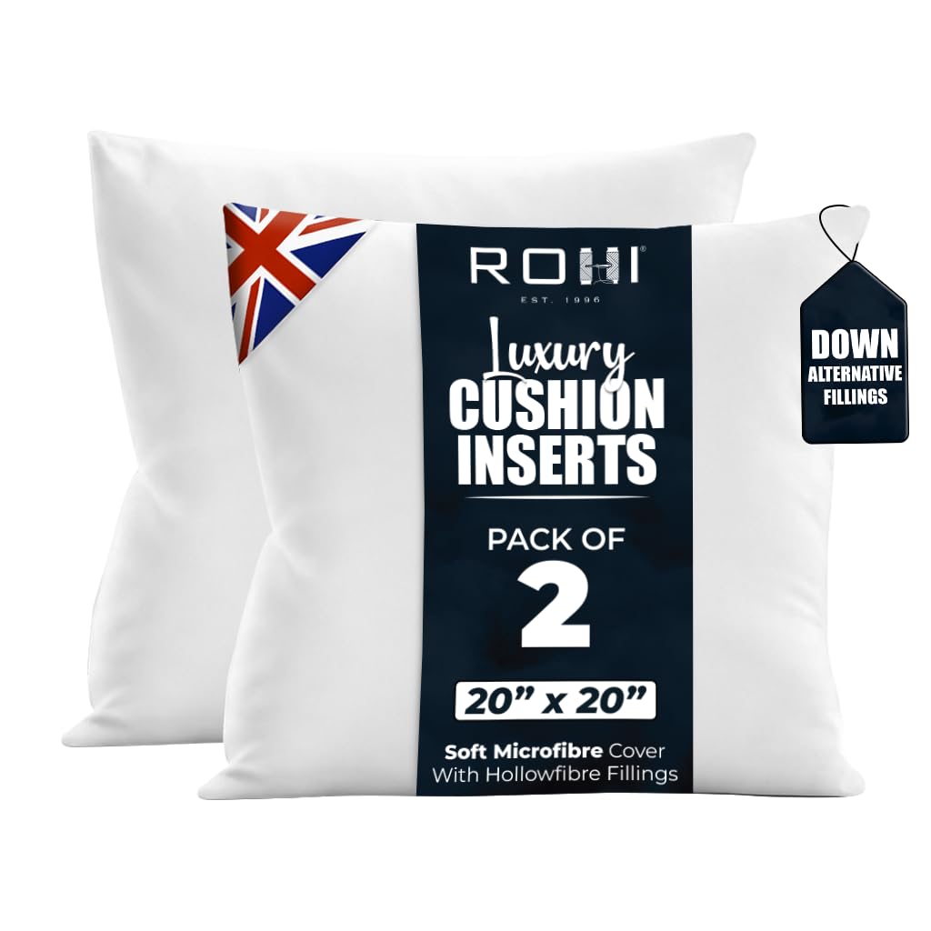 Rohi Pack of 2 Premium Microfibre Cushion Inserts 50cm x 50cm | 20x20 inch – Soft & Plump Down Alternative Filled Cushions Inner Pad – Breathable & Hypoallergenic Cushion Pads Set of 2 - White