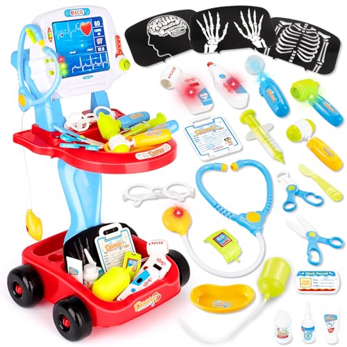 deAO Petit Docteur Playset Centre Mé, dical Portatif sur Roues Jeux d'Imitation Comprend 24PCS Accessoires, Doctor Kit pour Enfants Pretend Medical Station...