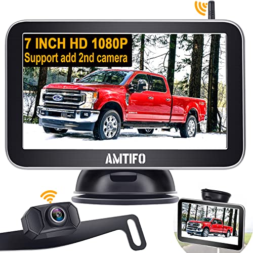 Backup Camera Wireless for Truck HD 1080P Car Bluetooth Backup Camera 7 Inch Monitor Rear View Camera Kit with Digital Signal,Support Add 2nd RV Camera/Licence Plate Backup Camera - AMTIFO AM-W70