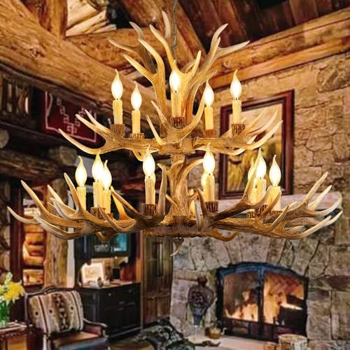Fayelight Antler Chandelier Lighting Large 2-Tier Deer Rustic Farmhouse Chandelier Light Fixtures for Dining Room Living Room Kitchen Island Bedroom Entryway Foyer (10+5 Lamp Arms + 3 Arms)