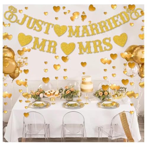 Image of Just Married Party Decorations, Gold Glitter Just Married Mr & Mrs Banner with Heart Garland for Bridal Shower Engagement Wedding Party Decorations Supplies