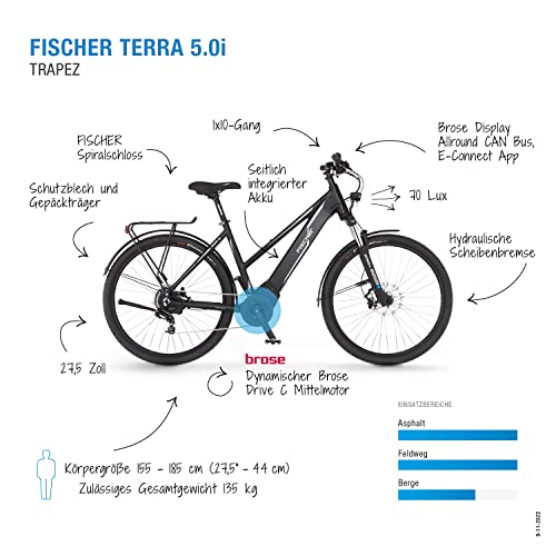 Fischer Terra 5.0i Elektrische fiets voor dames en heren, RH 44 cm, middenmotor 50 Nm, 36 V accu in frame, mat zwart, 27… - Afbeelding 3