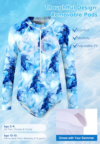 Image of Zando UPF50+ Girls Long Sleeve One Piece Swimsuit with Zipper - Rash Guard for Teens Toddler Kids 2-15 Years